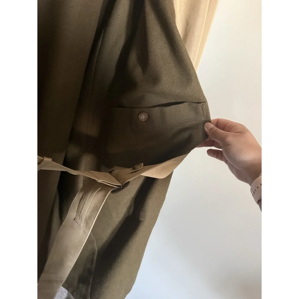 Mens Sanyo Khaki Belt Trench Coat Size R40 Wool Liner Minimalist Luxury - Picture 6 of 9